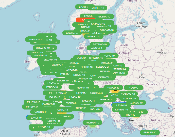 Map of Europe showing a very high density of LoRa APRS activity feeding lora-aprs.live