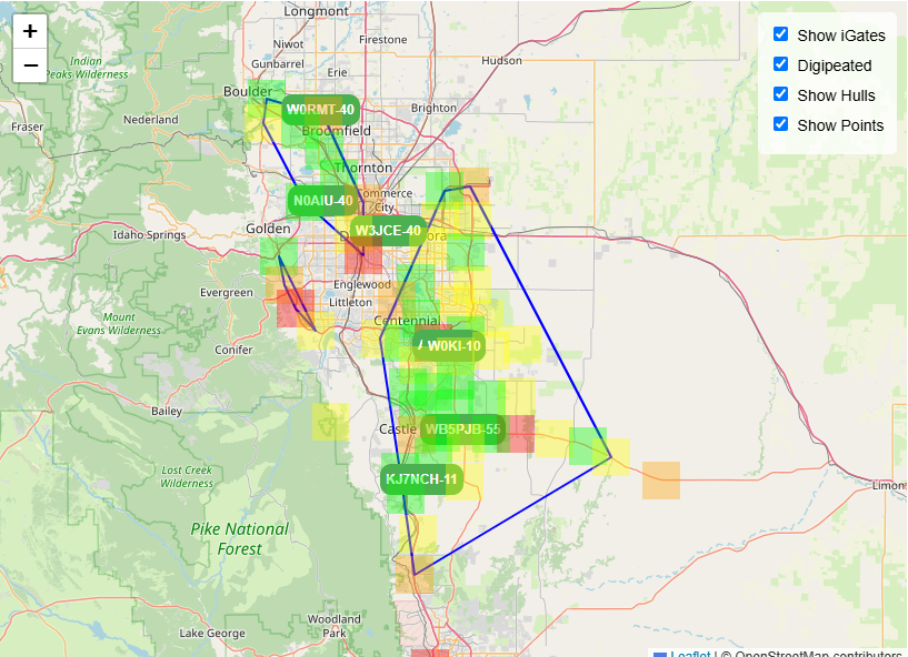 Map view of the Denver area shoing i-gates feeding data to lora-aprs.live and relative coverage quality. Area cells are shaded green, yellow, orange, or red by coverage quality. 