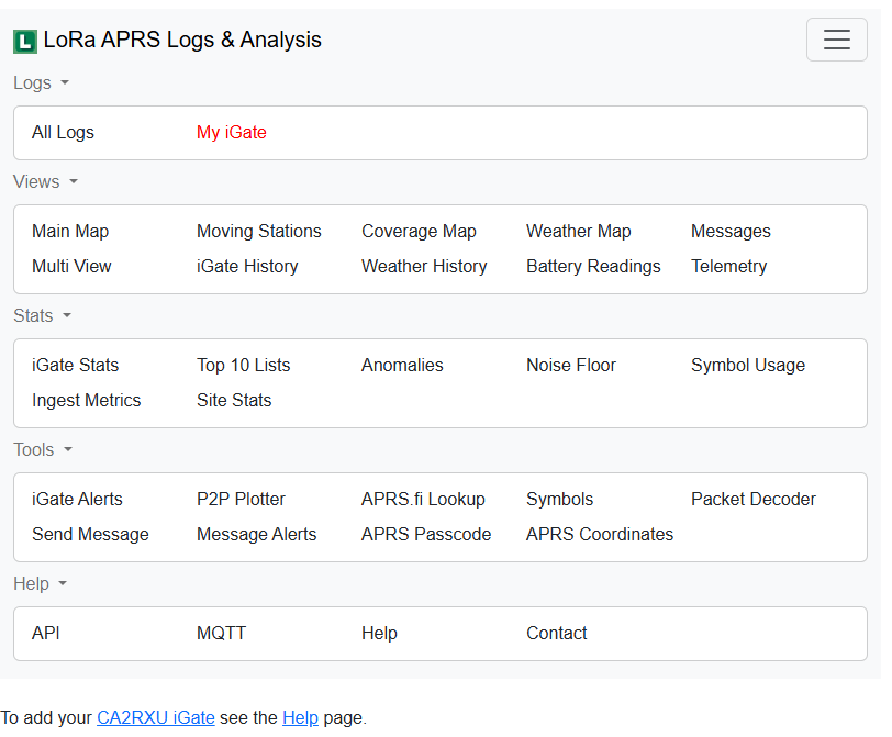 screenshot of lora-aprs.live main page showing various functions and features realted to logs, views, stats, tools, and help